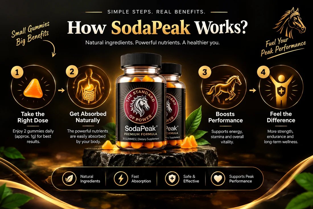 Brand infographic titled How SodaPeak Works showing four steps